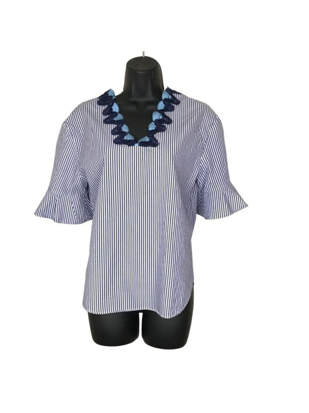 Sandro Paris Blue & White Striped Cotton Blouse With Lace Neck Line Size M